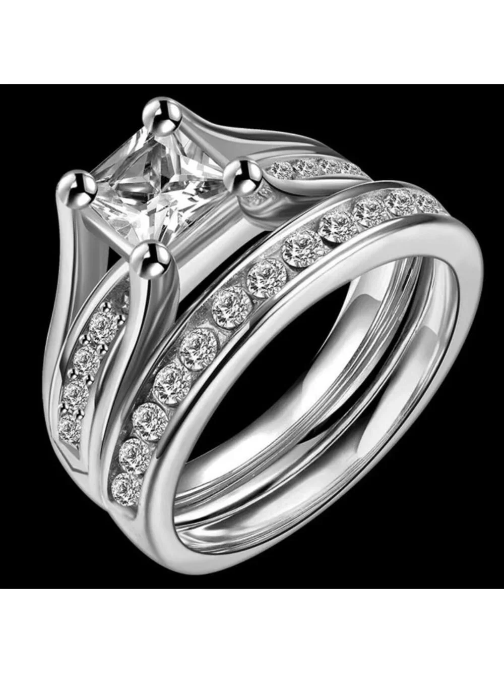 Stainless Steel Princess Cut Engagement Ring Set - Halo Bridal Anniversary